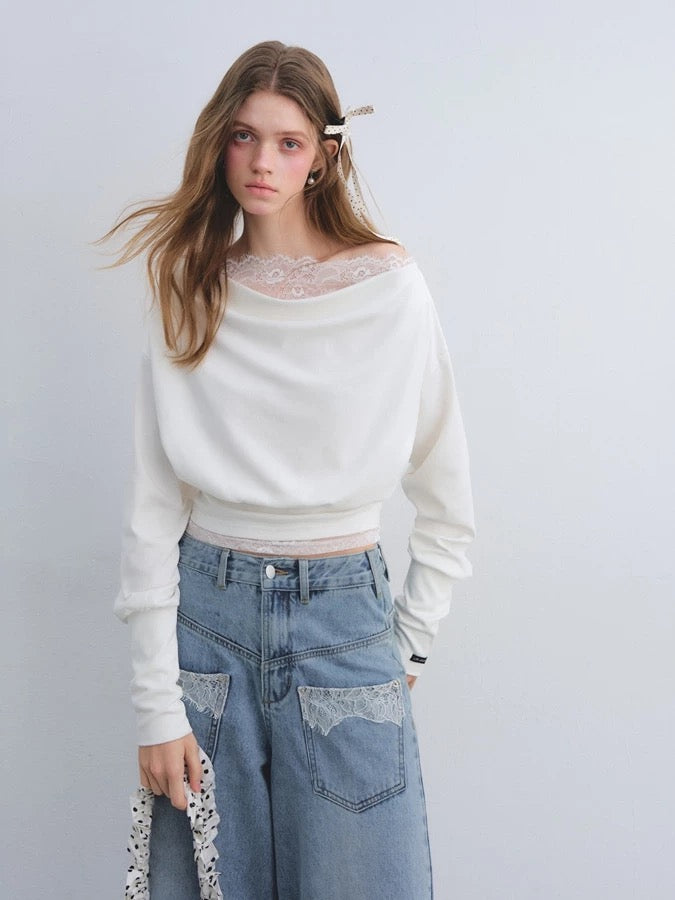 AsGony ASG25663 Off shoulder lace patchwork top