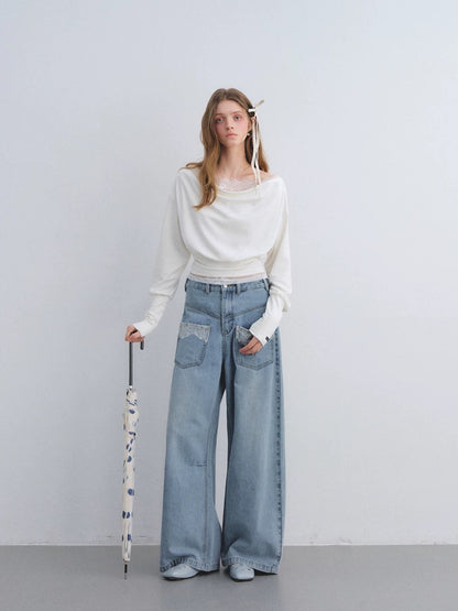 AsGony ASG25663 Off shoulder lace patchwork top