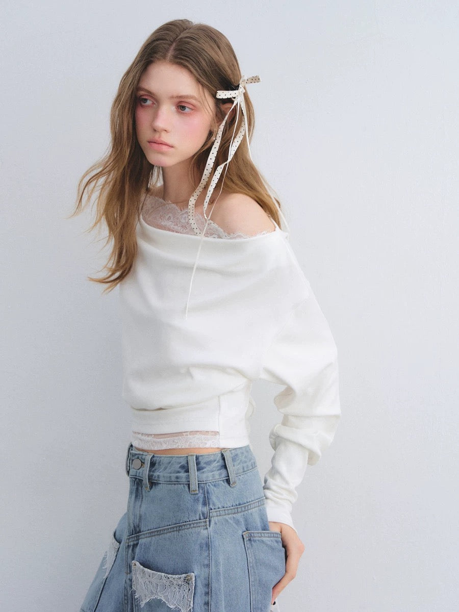 AsGony ASG25663 Off shoulder lace patchwork top