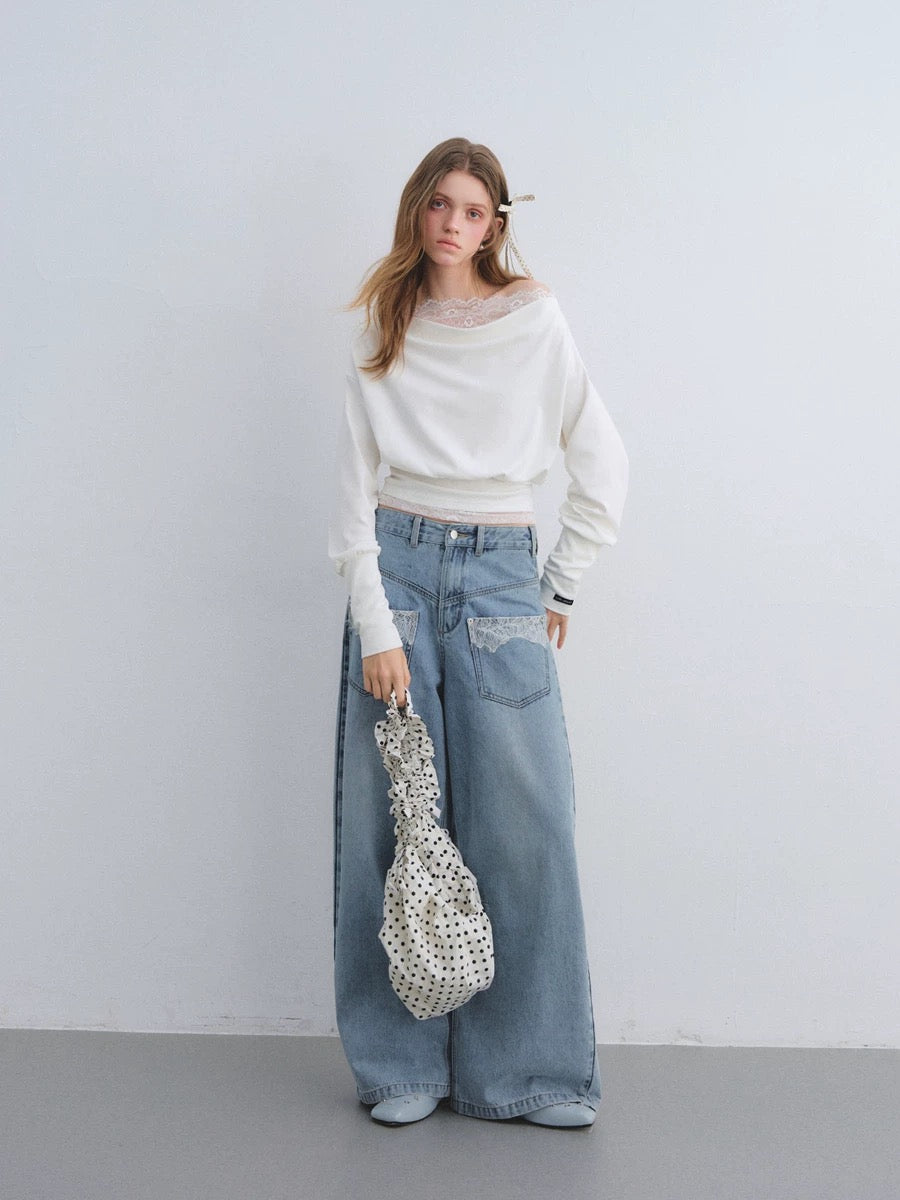 AsGony ASG25663 Off shoulder lace patchwork top