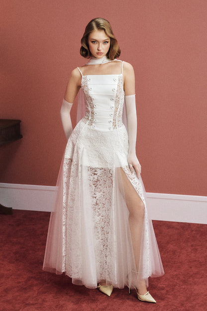 CICI MARIEL Scarf-Neck Lace Maxi Dress