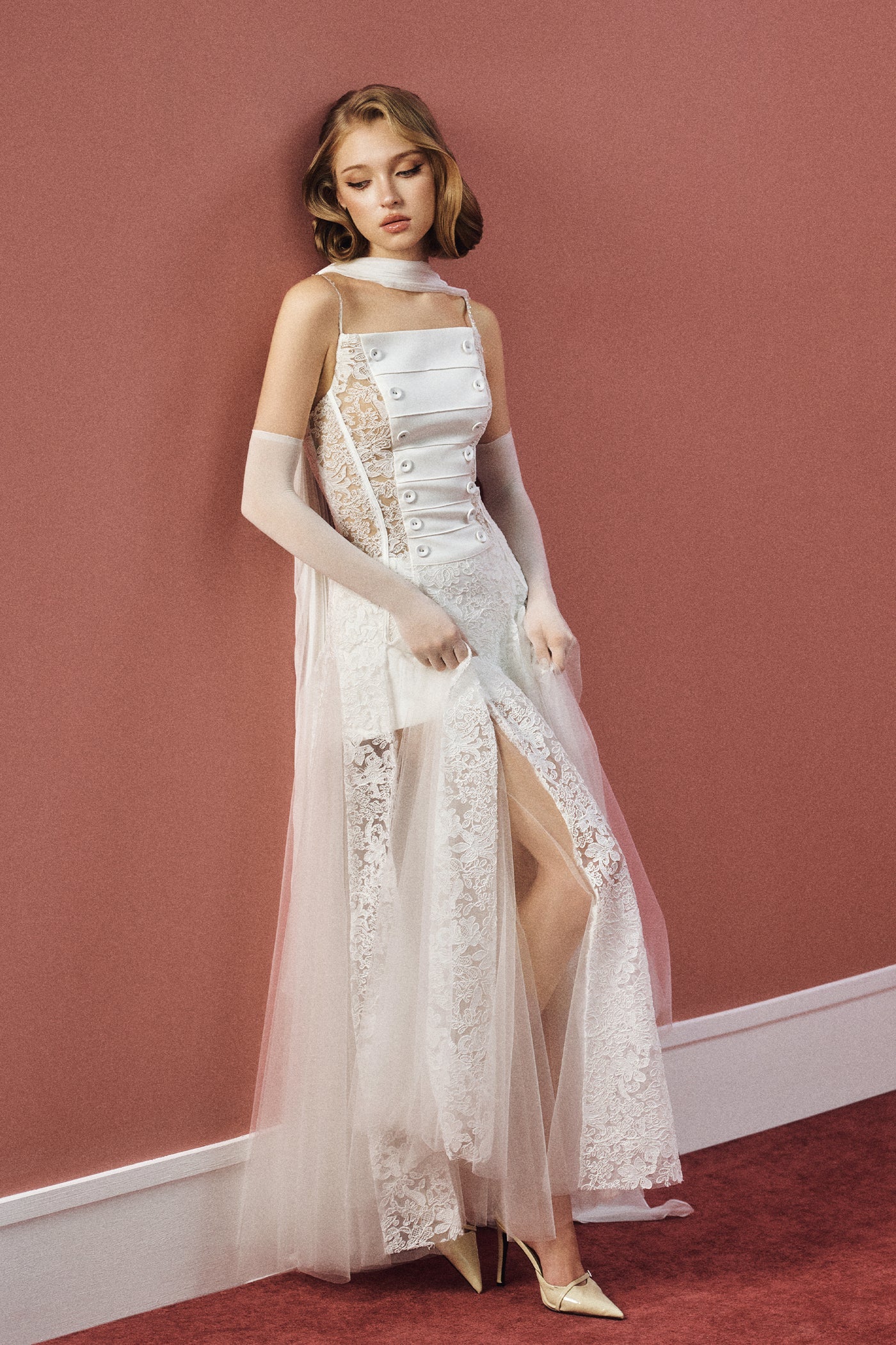 CICI MARIEL Scarf-Neck Lace Maxi Dress