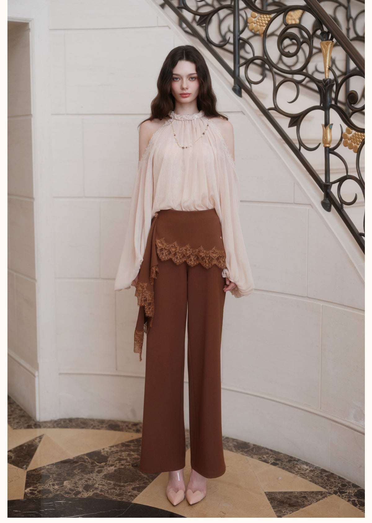SHEERLUCK SLKZ26722 Dune Lace-Panel Tailored Trousers-Mocha Brown