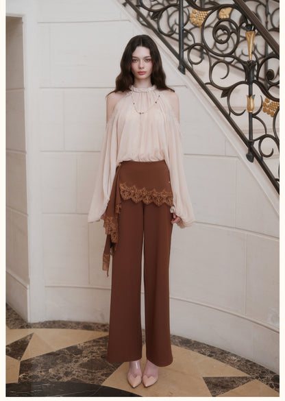 SHEERLUCK SLKZ26722 Dune Lace-Panel Tailored Trousers-Mocha Brown