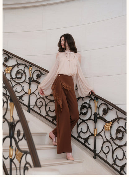 SHEERLUCK SLKZ26722 Dune Lace-Panel Tailored Trousers-Mocha Brown