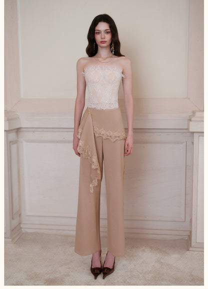 SHEERLUCK SLKZ26722 Dune Lace-Panel Tailored Trousers-Oatmeal