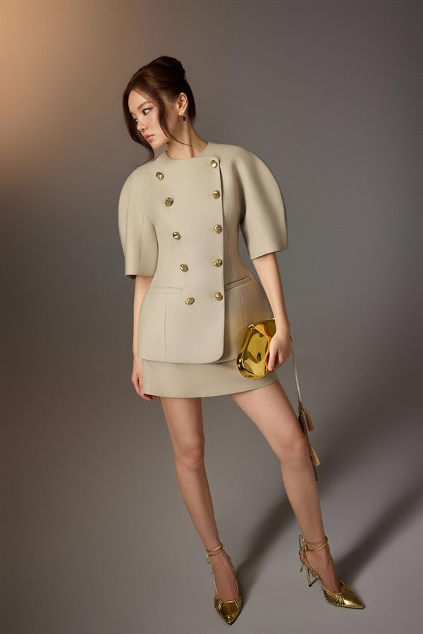 KEIRA TONG Puff-sleeve Button Blazer &amp; Minimal Mini Skirt