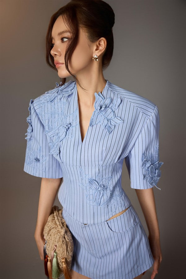 KEIRA TONG Floral Embroidered Shirt &amp; Minimal Stripe Skort