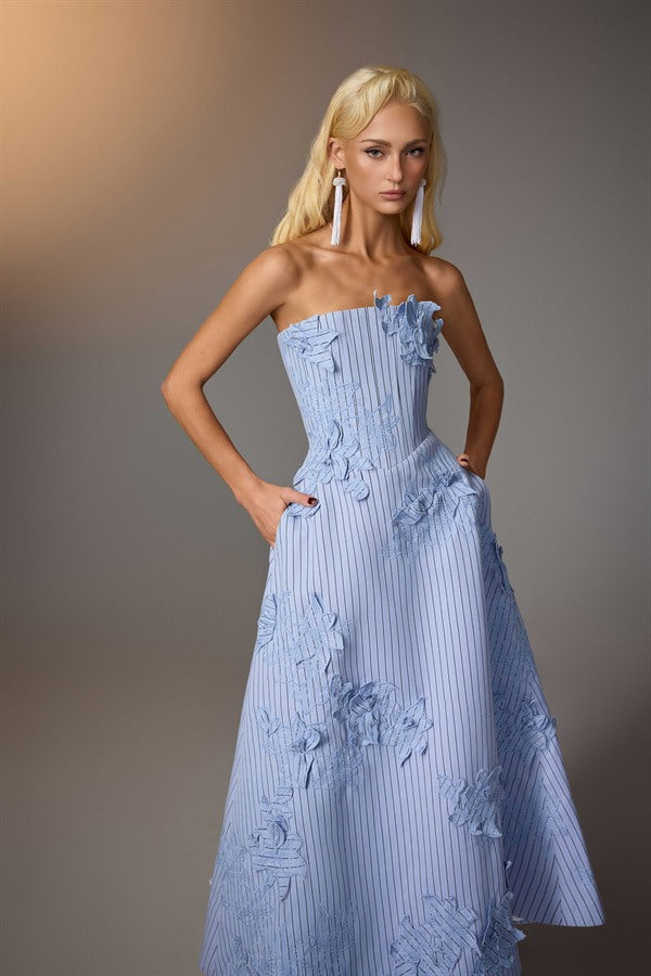 KEIRA TONG Floral Embroidered Corset Dress-Blue