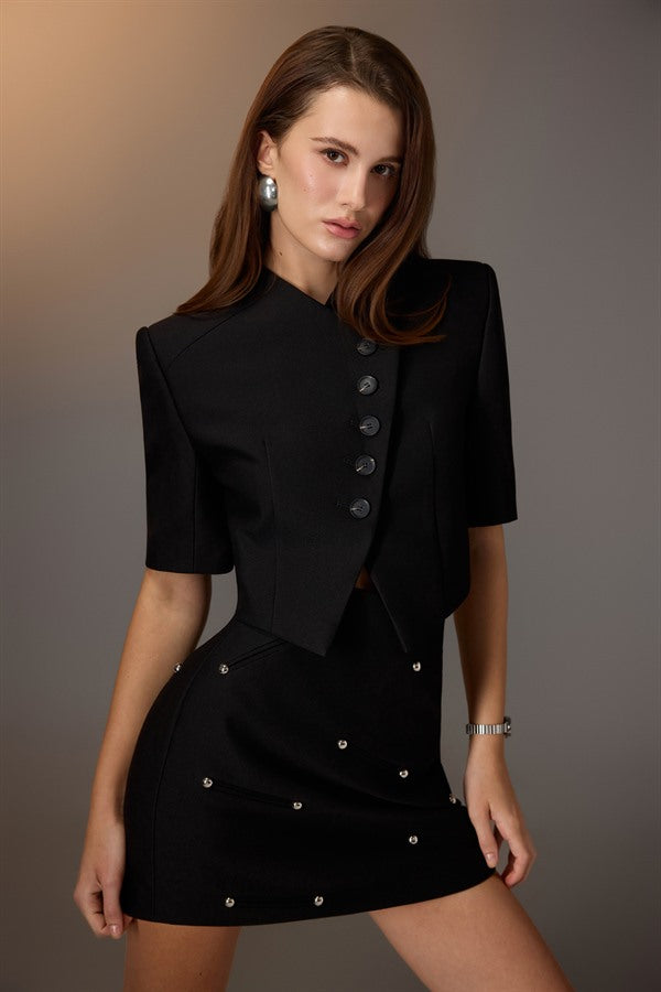 KEIRA TONG Flap Collar Top &amp; Studded Mini Skirt