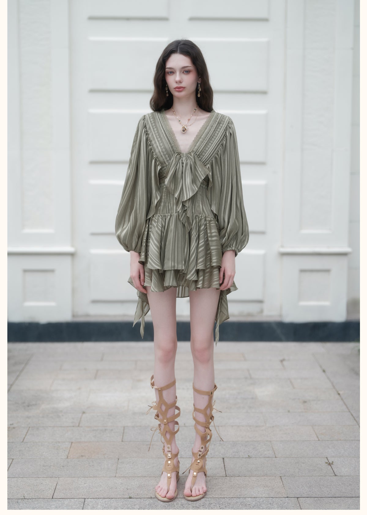 SHEERLUCK SLLYQ26702 Wing V-Neck Batwing Sleeve Dress-Olive