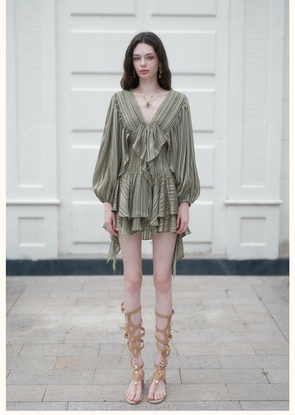 SHEERLUCK SLLYQ26702 Wing V-Neck Batwing Sleeve Dress-Olive