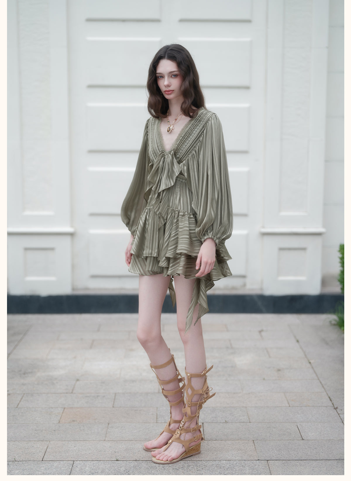 SHEERLUCK SLLYQ26702 Wing V-Neck Batwing Sleeve Dress-Olive