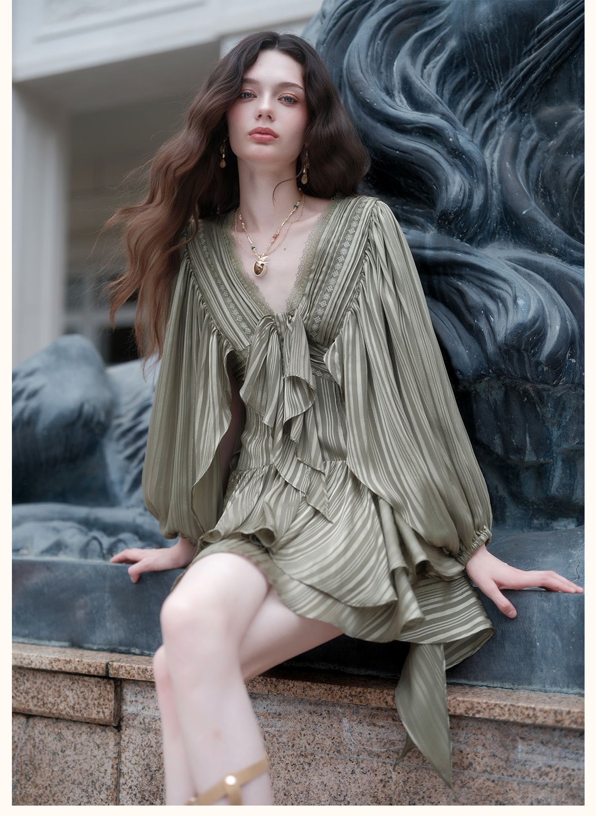 SHEERLUCK SLLYQ26702 Wing V-Neck Batwing Sleeve Dress-Olive