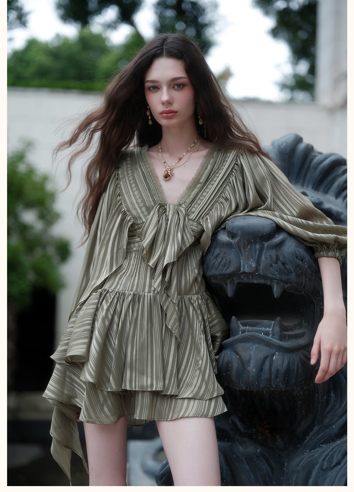 SHEERLUCK SLLYQ26702 Wing V-Neck Batwing Sleeve Dress-Olive