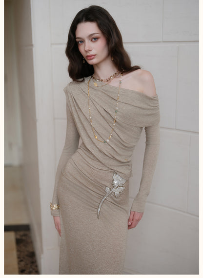 SHEERLUCK SLLYQ26709 Rosette Slim-Fit Asymmetric Off-Shoulder Dress-Sage Green