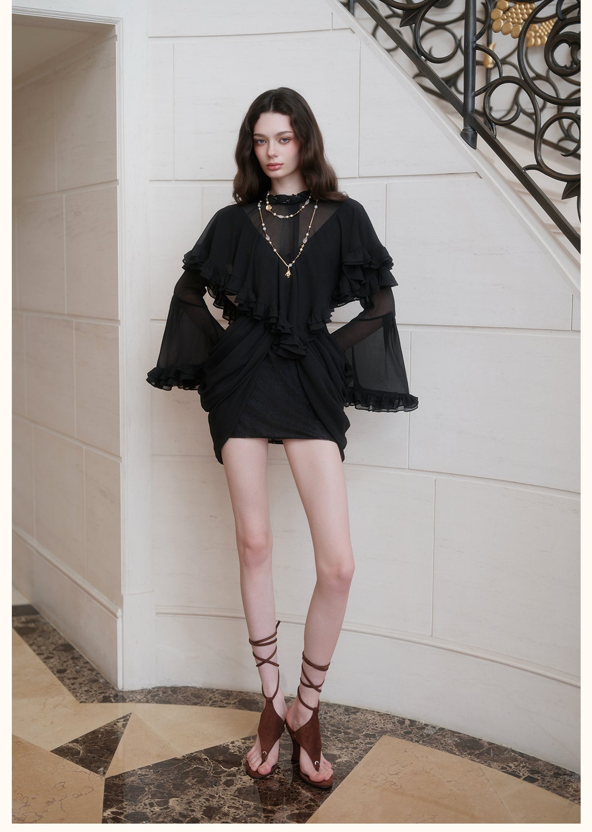 SHEERLUCK SLLYQ26712 Romy Vintage Cape-Style Dress-Black