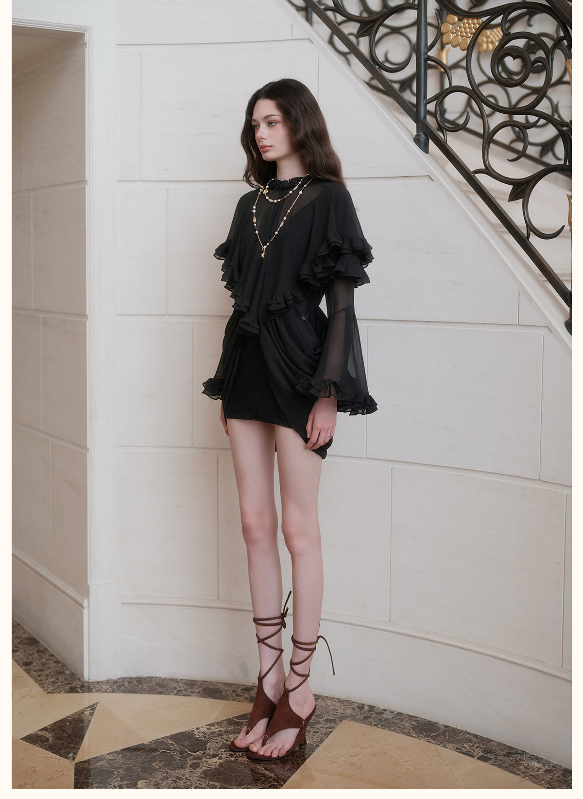 SHEERLUCK SLLYQ26712 Romy Vintage Cape-Style Dress-Black