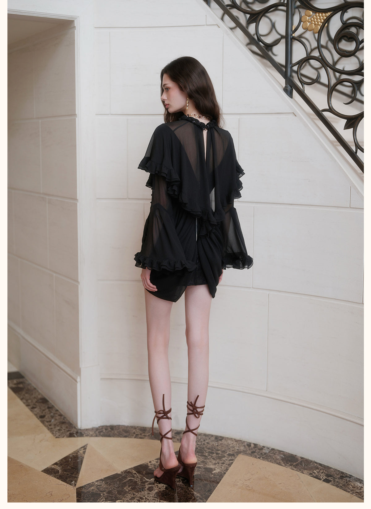 SHEERLUCK SLLYQ26712 Romy Vintage Cape-Style Dress-Black