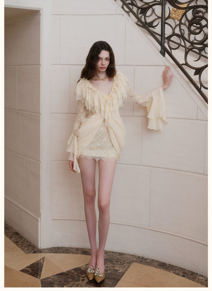 SHEERLUCK SLLYQ26713 Petali V-Neck Lace Dress-Creamy Apricot