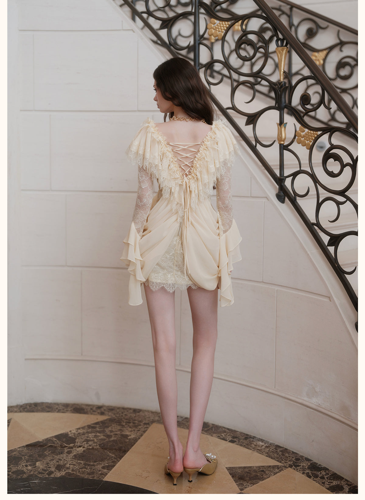 SHEERLUCK SLLYQ26713 Petali V-Neck Lace Dress-Creamy Apricot