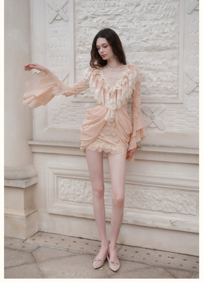 SHEERLUCK SLLYQ26713 Petali V-Neck Lace Dress-Misty Pink
