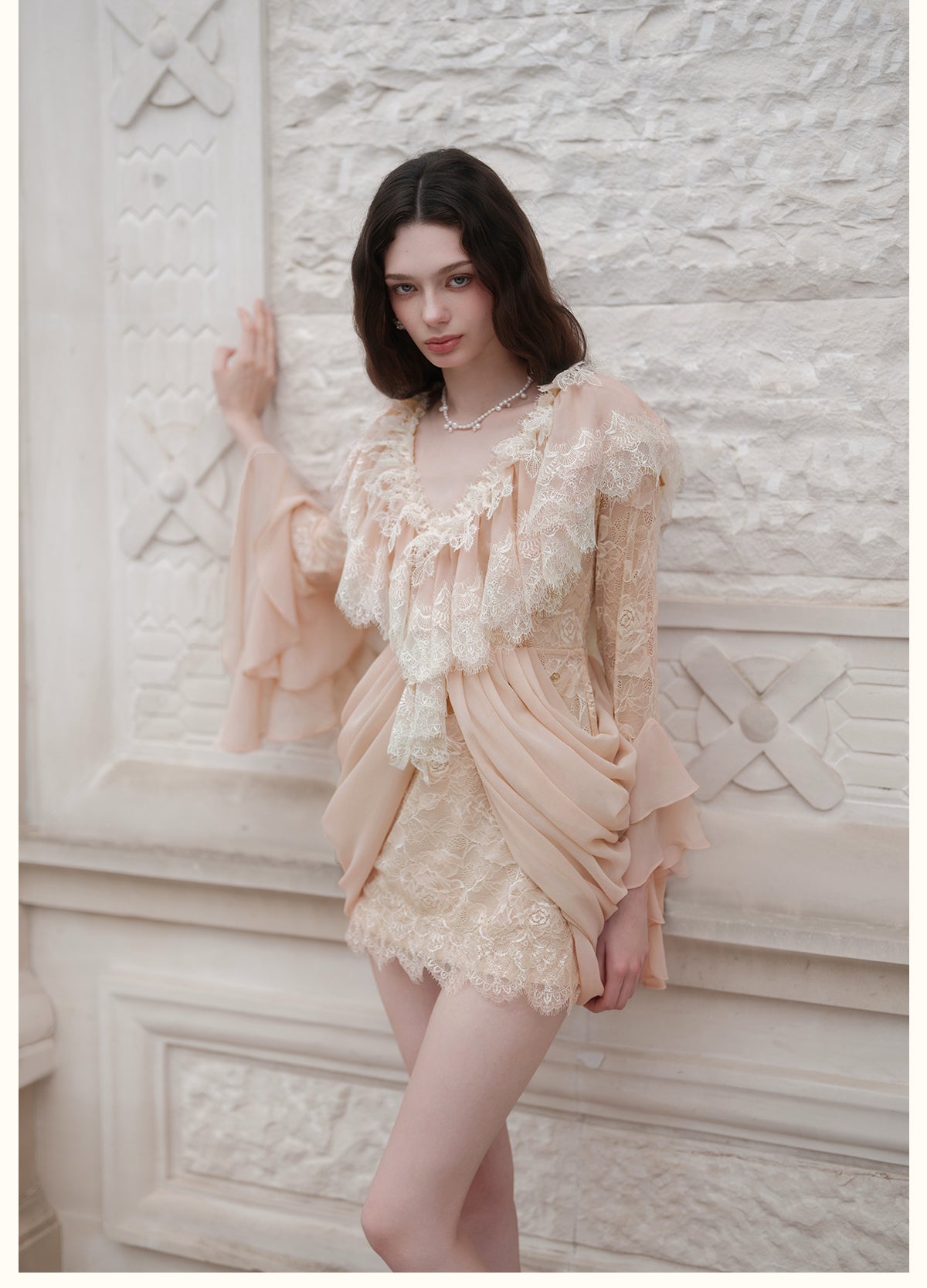 SHEERLUCK SLLYQ26713 Petali V-Neck Lace Dress-Misty Pink