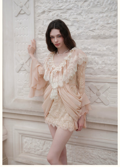 SHEERLUCK SLLYQ26713 Petali V-Neck Lace Dress-Misty Pink