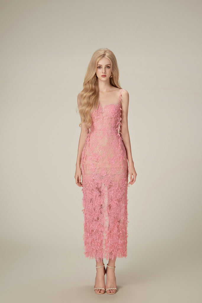 Lobbster Pink Beaded Lace Pencil Dress