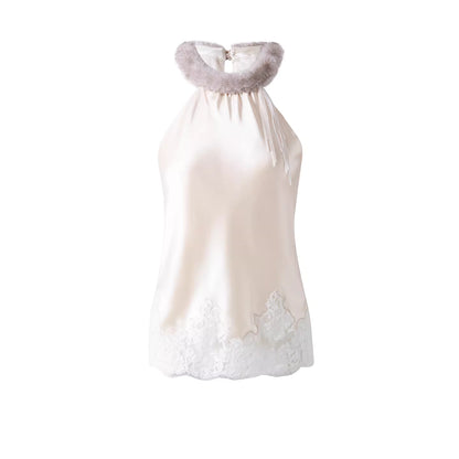 JELLOJELLO Lace edge patchwork acetate fur collar top