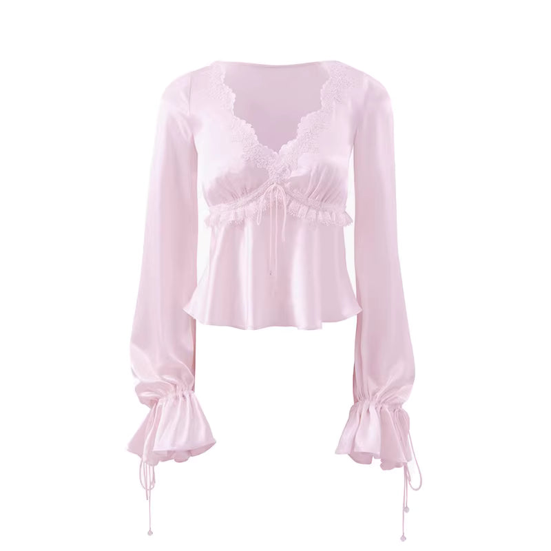 JELLOJELLO Acetate lace patchwork drawstring cuff top