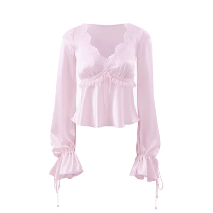 JELLOJELLO Acetate lace patchwork drawstring cuff top