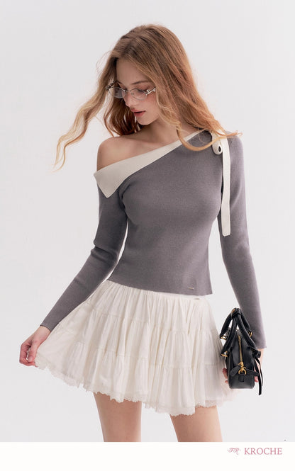 Kroche Off-Shoulder Slim-Fit Long-Sleeve Knit Top（2 color）