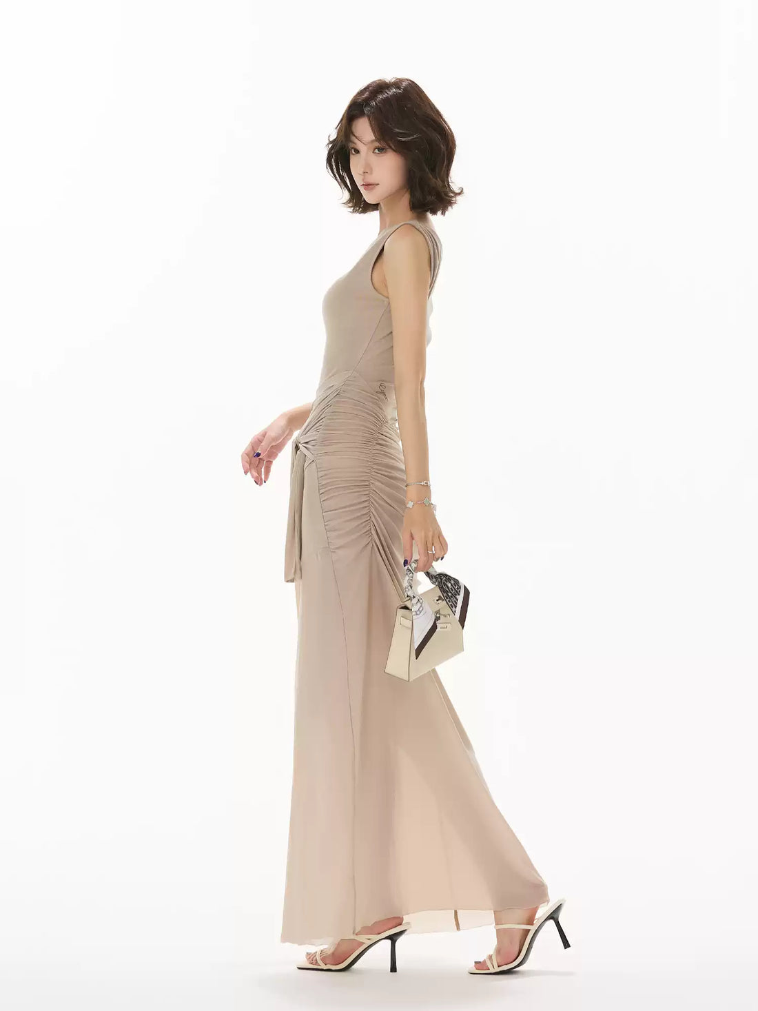 CYNR Lace patchwork pleated slim off shoulder dress