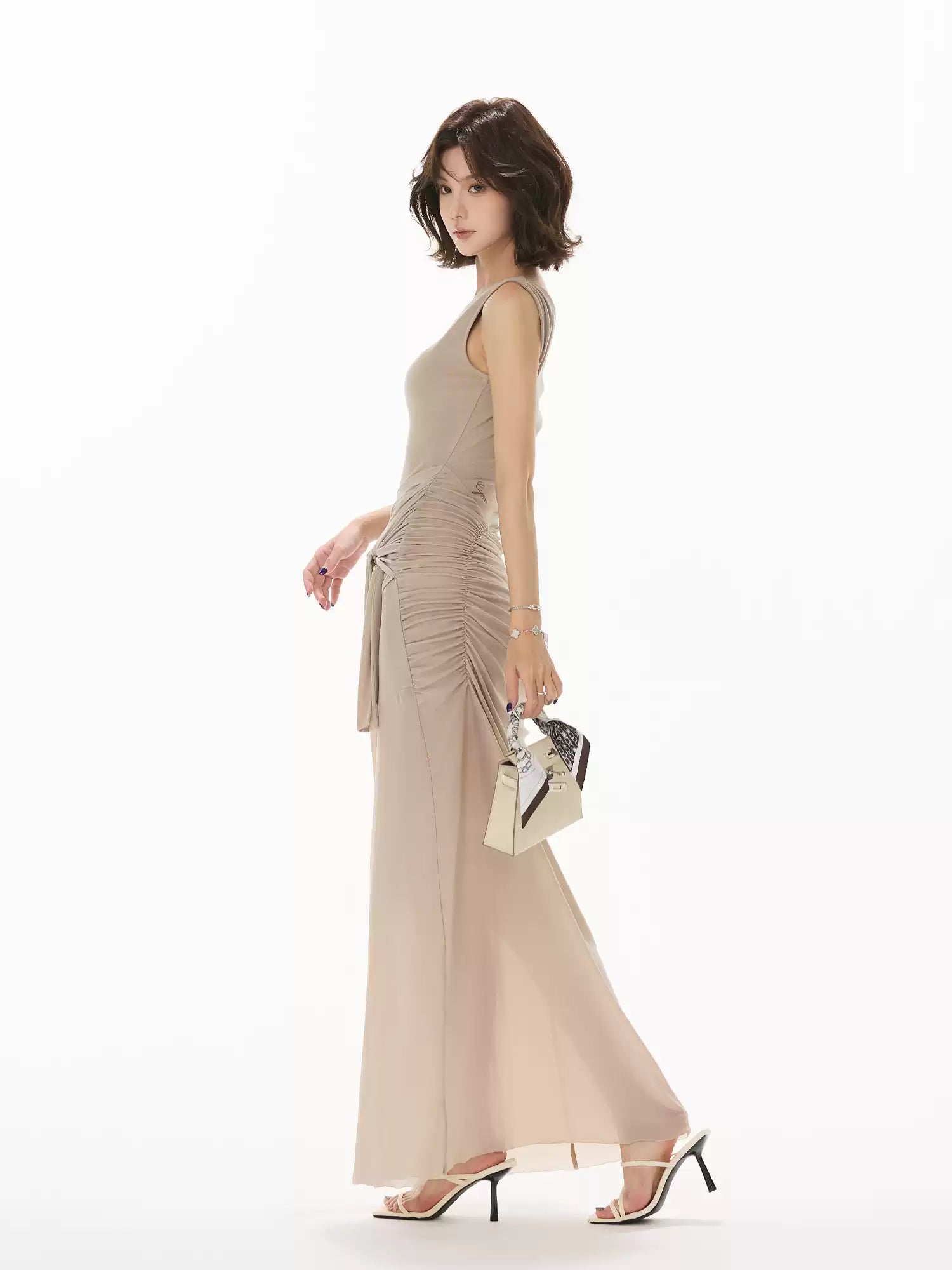 CYNR Lace patchwork pleated slim off shoulder dress