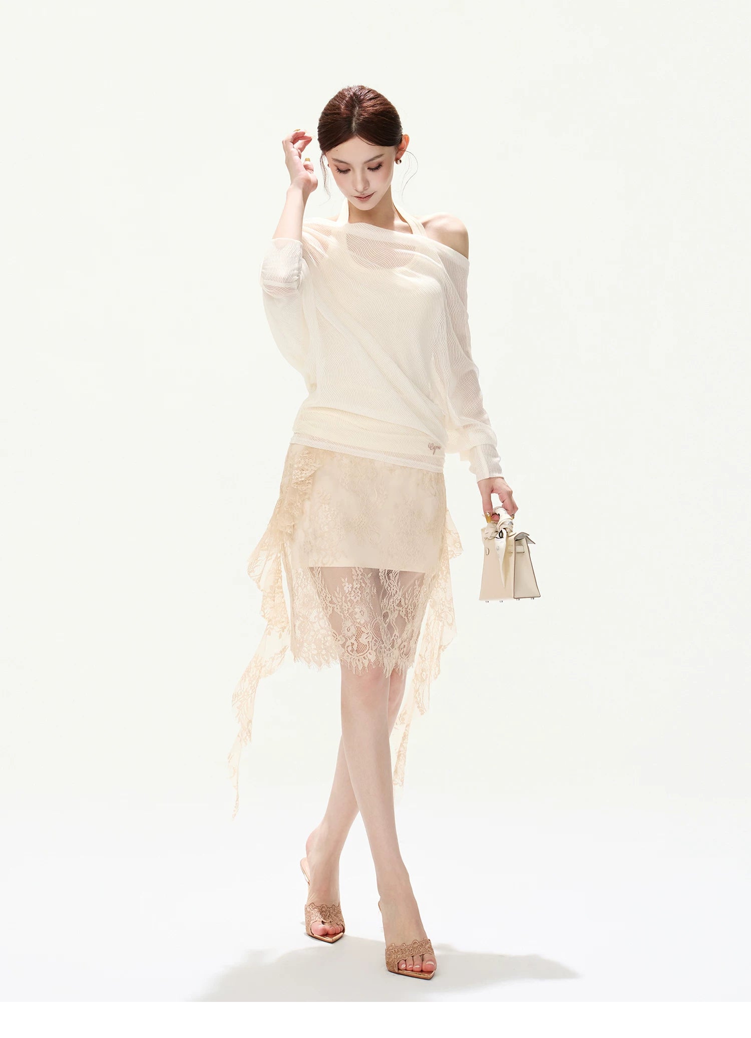 CYNR Loose Halter Top &amp; Lace Mini Skirt Set