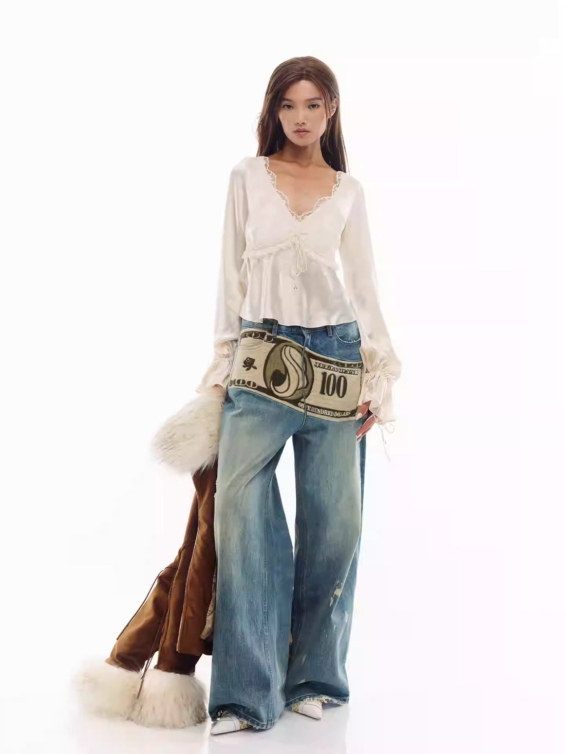 JELLOJELLO Acetate lace patchwork drawstring cuff top