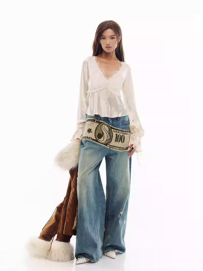 JELLOJELLO Acetate lace patchwork drawstring cuff top