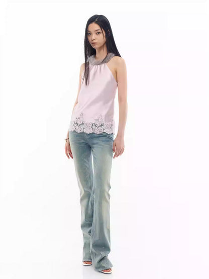 JELLOJELLO Lace edge patchwork acetate fur collar top