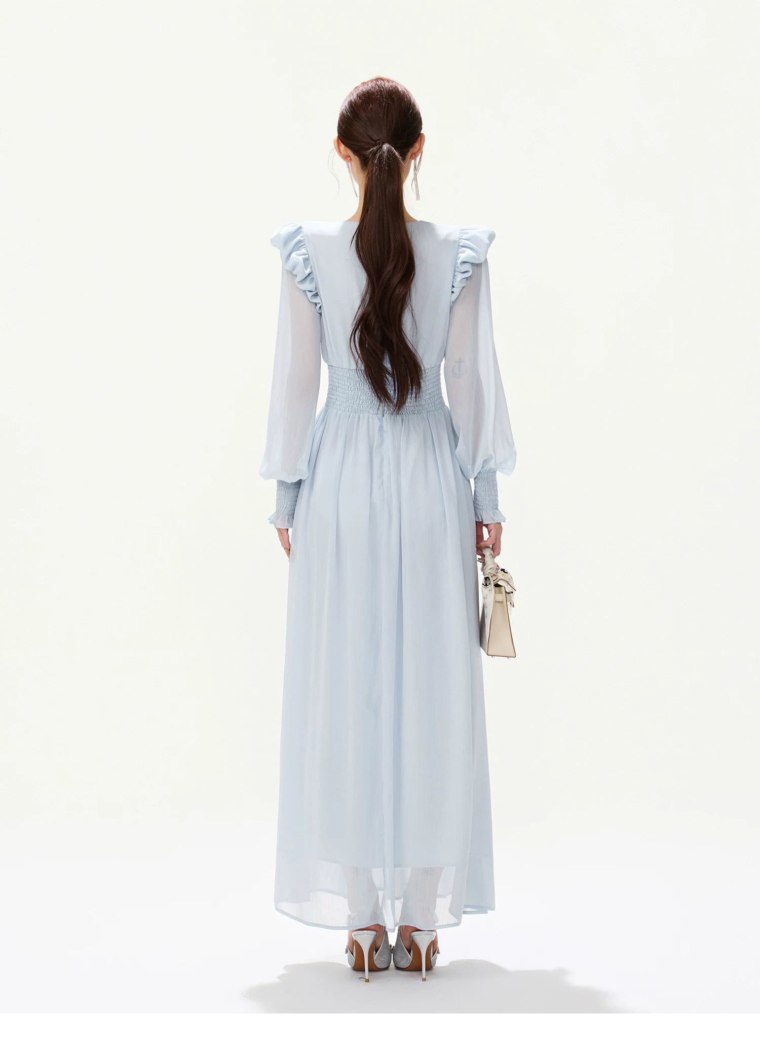 CYNR V-Neck Chiffon Dress with Lantern Sleeves