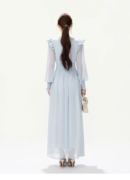 CYNR V-Neck Chiffon Dress with Lantern Sleeves
