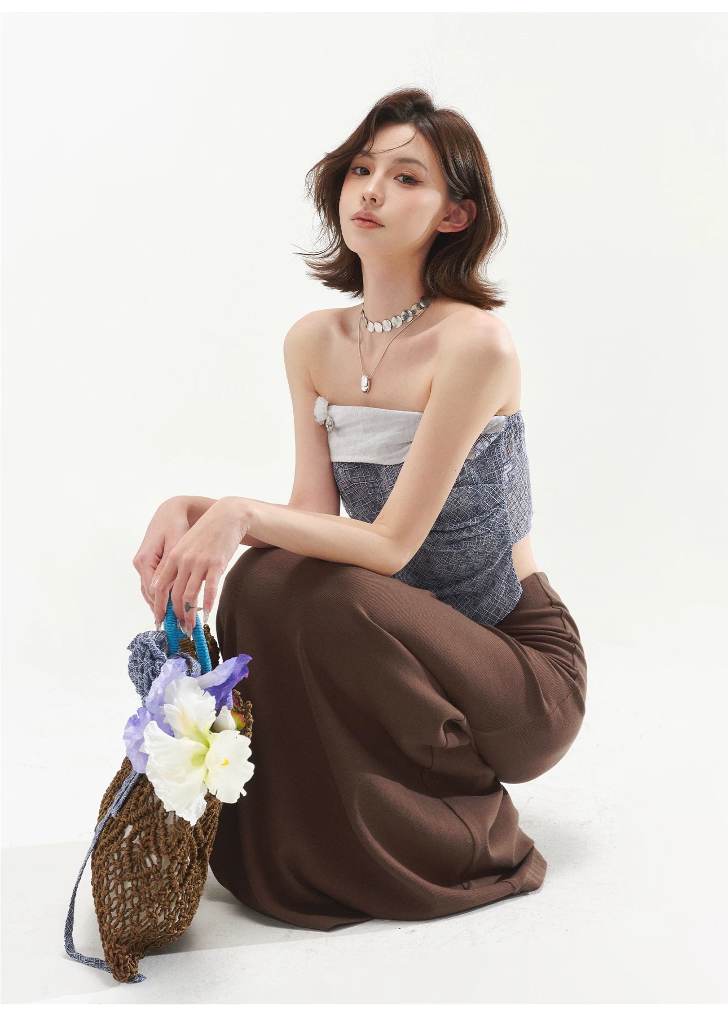 CYNR V-shaped low waist pleated long skirt