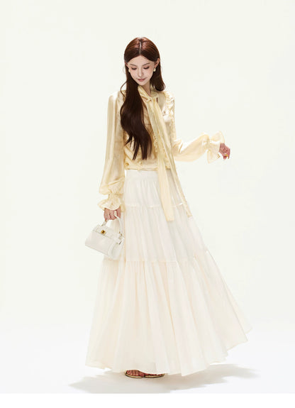 CYNR Ruffled Satin Blouse and Tiered Skirt Set
