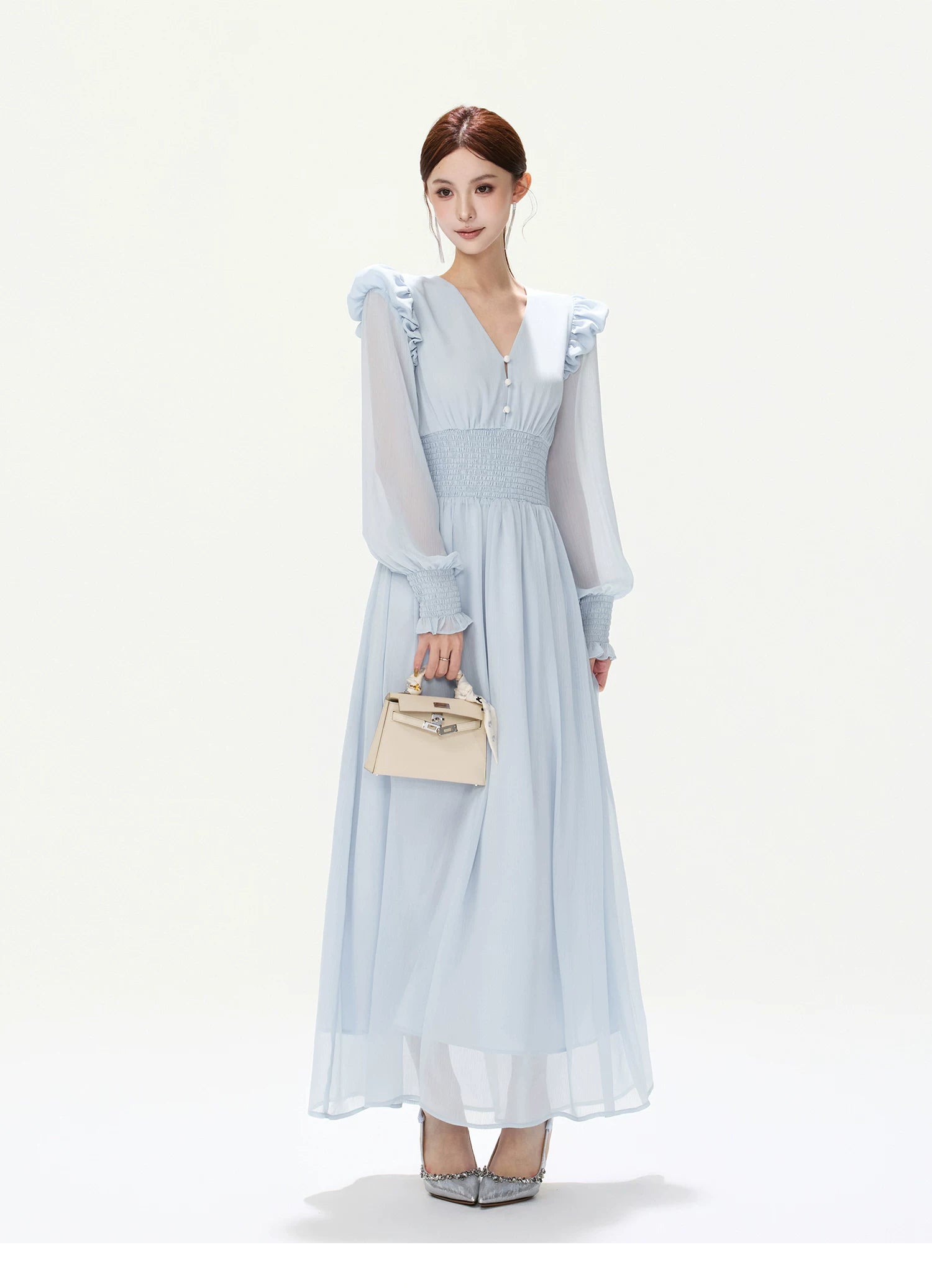 CYNR V-Neck Chiffon Dress with Lantern Sleeves