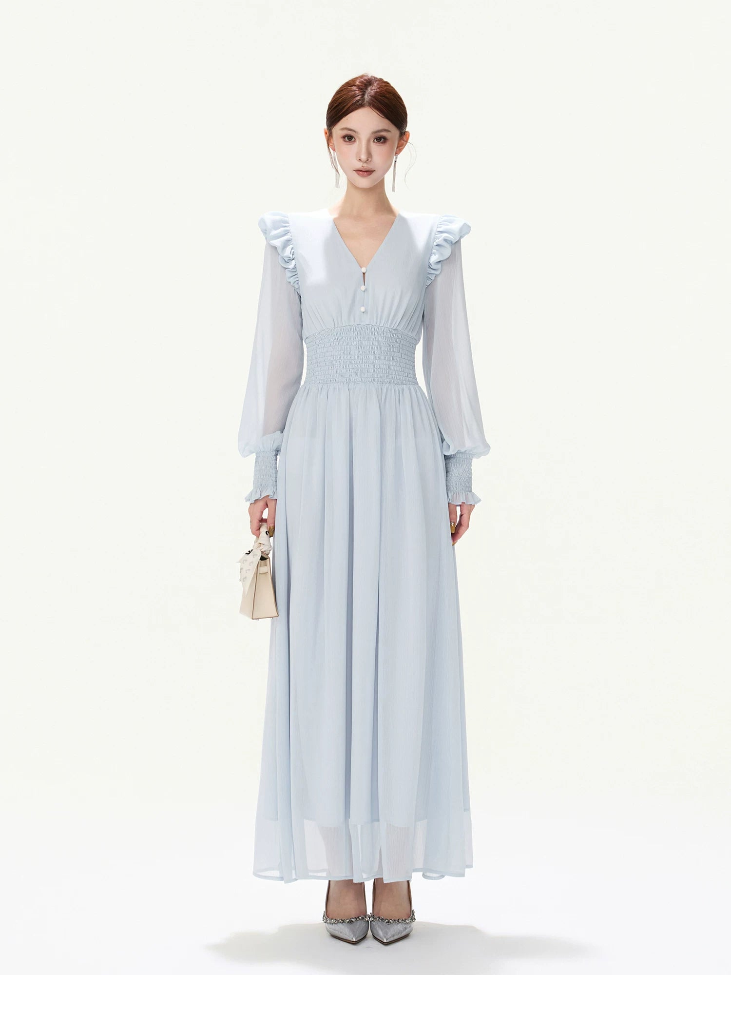 CYNR V-Neck Chiffon Dress with Lantern Sleeves