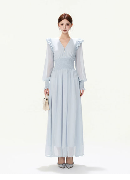 CYNR V-Neck Chiffon Dress with Lantern Sleeves