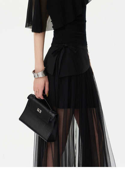 CYNR Asymmetric Shoulder Top &amp; Mesh Skirt Set