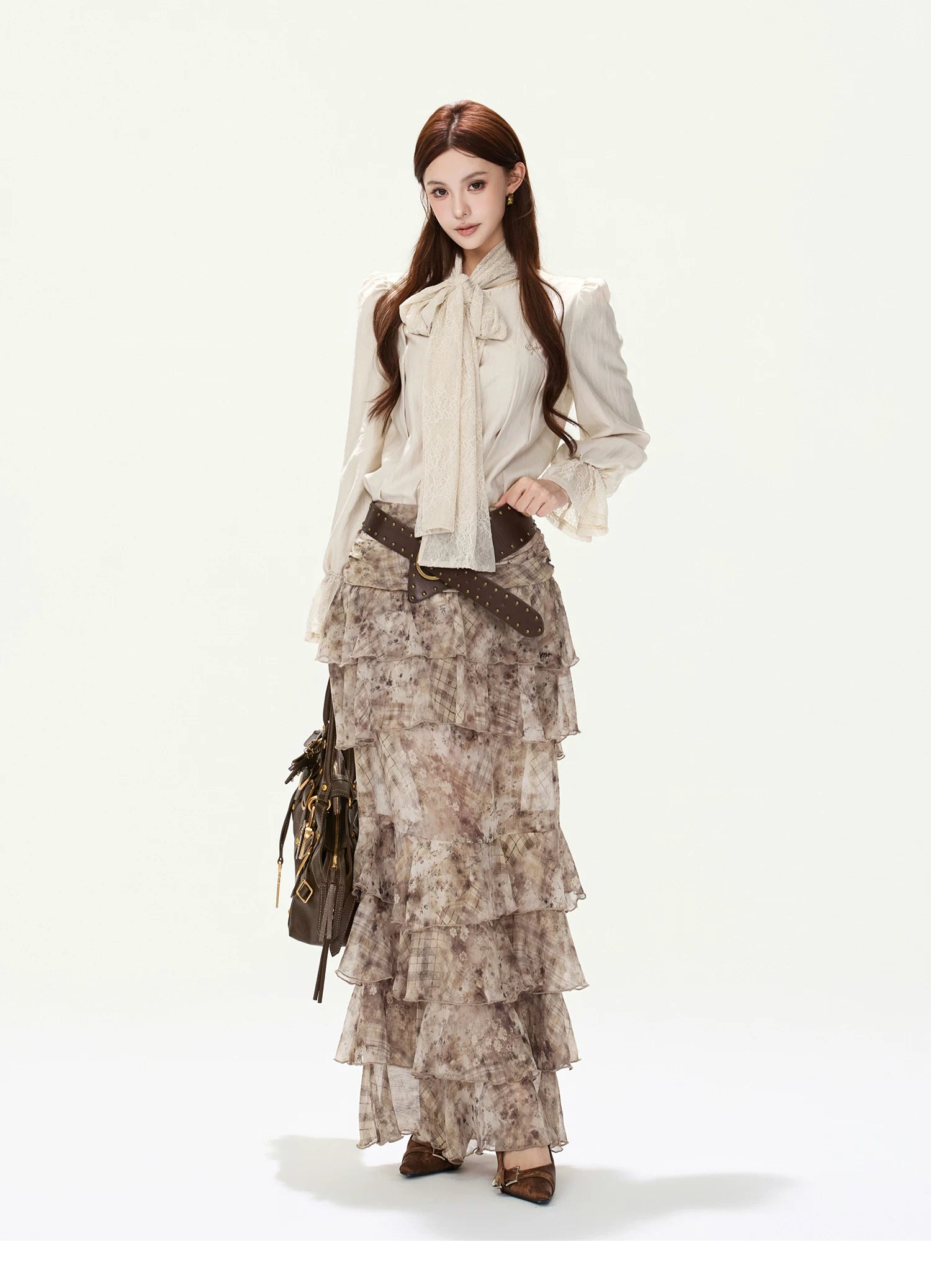 CYNR Lace Tie-Detail Blouse &amp; Chiffon Midi Skirt