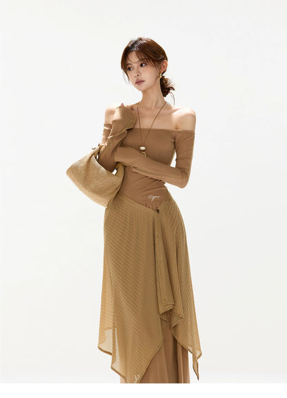 CYNR Hollow knit shawl one shoulder dress