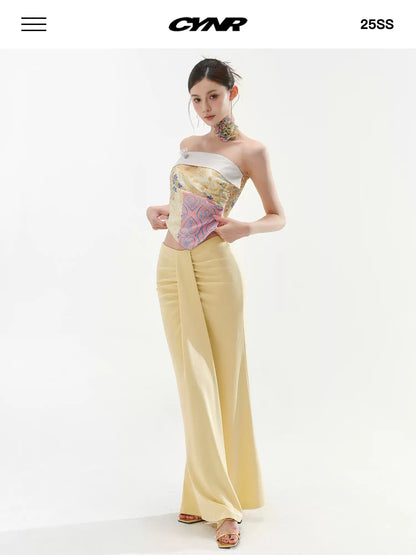 CYNR V-shaped low waist pleated long skirt